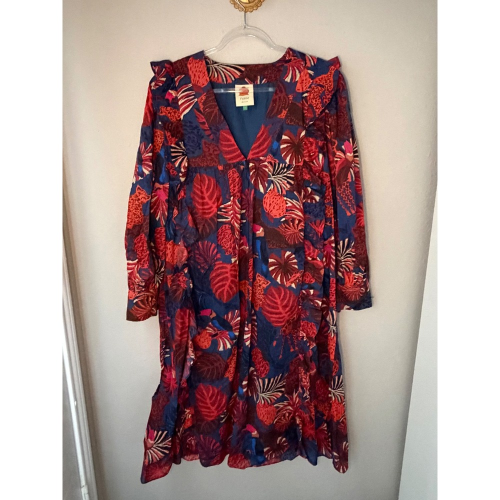 FARM Rio Leopard Toucans Maxi Dress Size L Tropical Animal Print Ruffle Boho